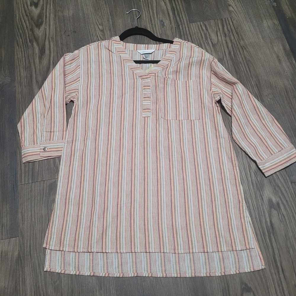 Christopher & Banks Striped Tunic - Orange, White, Tan 100% Cotton Oversized
